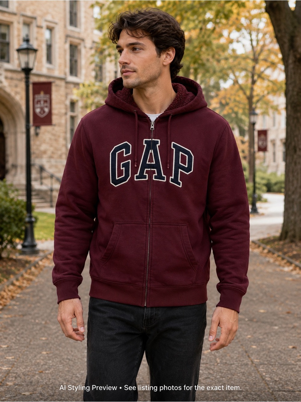 GAP Men’s Large Burgundy Sherpa Lined Logo Full Zip Hoodie Heavyweight